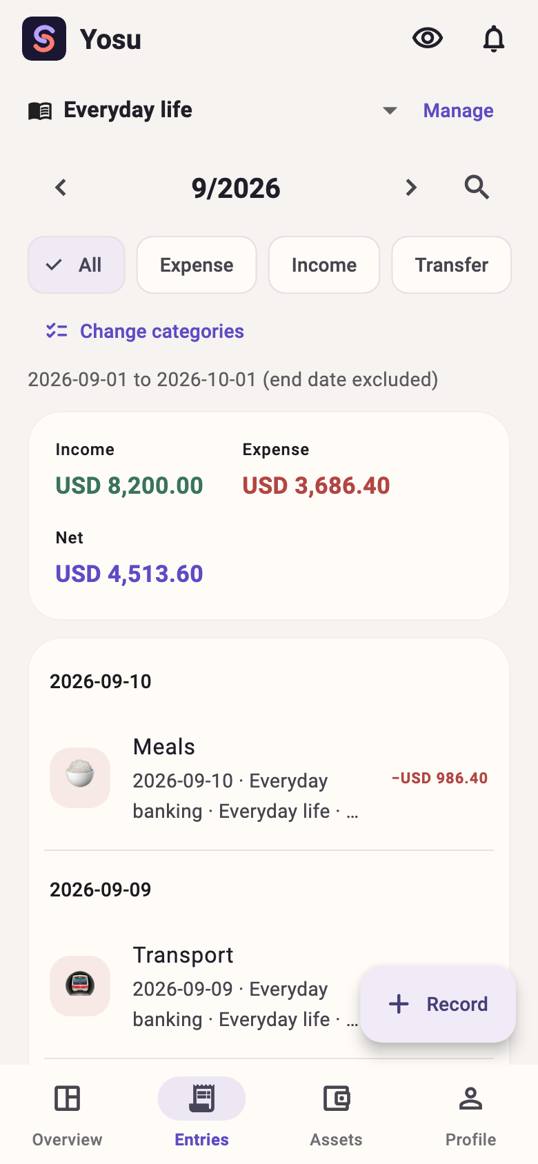 App transactions screen showing sample entries organized by month.